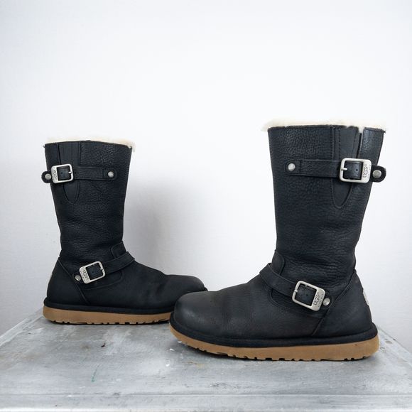 UGG Kensington Black Leather Biker Moto Boot Fur Lined - Picture 3 of 9